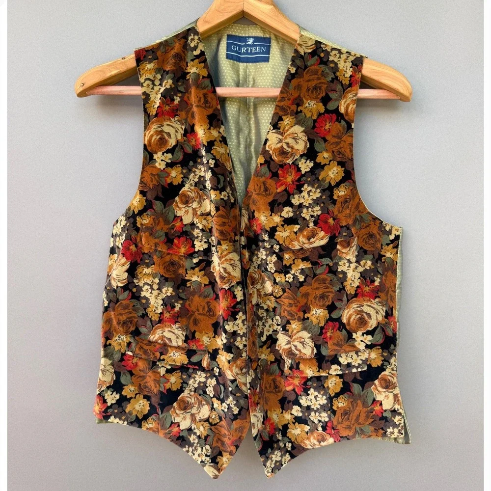 Gurteen Vintage Floral Vest L Brown Cotton Waistcoat Cottagecore Boho SEO Luxe